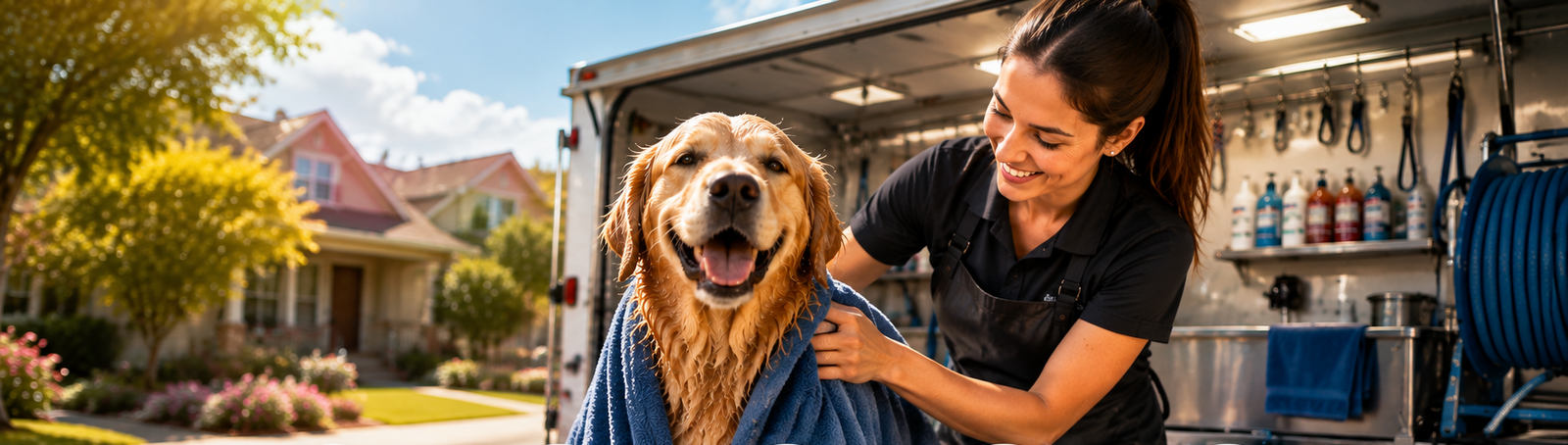 Happy dog ready for a Splish Splash mobile bath appointment