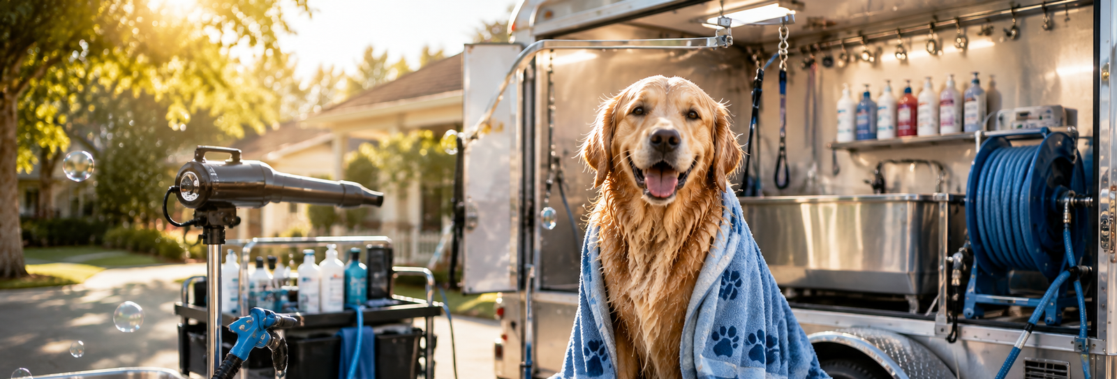 Dog mid-bath at a Splish Splash mobile grooming appointment